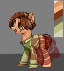 Size: 1080x1204 | Tagged: safe, artist:ash_helz, oc, oc only, earth pony, pony, clothes, ear piercing, earth pony oc, eye scar, open mouth, piercing, reference sheet, scar, solo, watermark