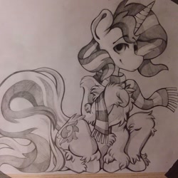 Size: 1080x1080 | Tagged: safe, artist:c_owokie, sunset shimmer, pony, unicorn, g4, chest fluff, clothes, female, fluffy, grayscale, mare, monochrome, scarf, sitting, solo, traditional art, unshorn fetlocks