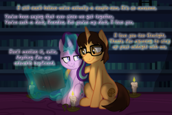 Size: 1091x732 | Tagged: safe, artist:starlightglimmerfan1, starlight glimmer, oc, oc:brandon, g4, bedroom eyes, book, branglimmer, candle, canon x oc, female, hoof on shoulder, levitation, looking at each other, magic, male, sitting, straight, telekinesis