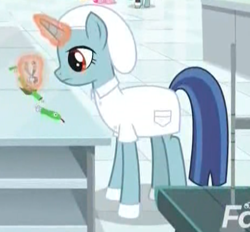 Size: 456x424 | Tagged: safe, screencap, pony, unicorn, g4, the last laugh, background pony, bullseye, chemistry, discovery family logo, factory, female, filly, gag factory, glowing horn, horn, laboratory, magic, magic aura, mare, pencil, pliers, teal tester, telekinesis
