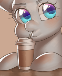 Size: 2081x2544 | Tagged: safe, artist:klooda, pony, advertisement, blushing, bust, coffee, commission, cute, female, high res, hooves on the table, looking at you, mare, portrait, shading, simple background, sipping, solo, ych example, your character here