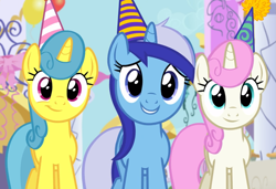 Size: 1371x936 | Tagged: safe, screencap, lemon hearts, minuette, twinkleshine, pony, unicorn, amending fences, g4, cropped, cute, female, hat, looking at you, minubetes, party hat, smiling, trio