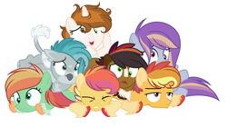 Size: 1928x1076 | Tagged: safe, artist:fluffy-fillies, oc, oc only, oc:andromeda, oc:monsoon, oc:summer harvest, oc:tropical sunrise, oc:typhoon, unnamed oc, hippogriff, base used, colt, female, filly, interspecies offspring, magical lesbian spawn, male, next generation, offspring, parent:apple bloom, parent:applejack, parent:big macintosh, parent:button mash, parent:flash sentry, parent:fluttershy, parent:gabby, parent:rainbow dash, parent:scootaloo, parent:sweetie belle, parent:terramar, parent:twilight sparkle, parents:appledash, parents:flashlight, parents:fluttermac, parents:scootabloom, parents:sweetiemash, pony pile, simple background, white background