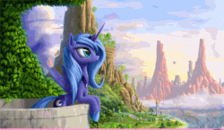 Size: 1720x995 | Tagged: editor needed, source needed, safe, artist:zigword, edit, princess luna, alicorn, bird, pony, g4, :o, absurd file size, airship, animated, balcony, beautiful, blushing, bridge, circling, crown, cute, female, gif, grass, hoof shoes, horn, jewelry, leaning, long horn, looking up, lunabetes, mare, mountain, ocean, open mouth, peytral, princess shoes, rain, regalia, river, road, s1 luna, scenery, scenery porn, shore, sky, slender, sweet dreams fuel, thin, tower, tree, unknown editor, vine, water, waterfall, wave, wind
