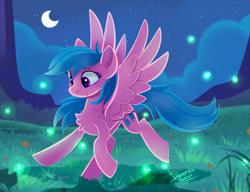 Size: 1300x1000 | Tagged: safe, artist:liquorice_sweet, firefly, firefly (insect), insect, pegasus, pony, g1, female, grass, grass field, mare, moon, night