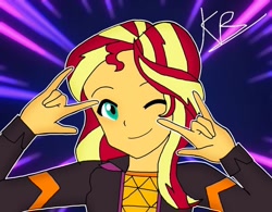 Size: 768x600 | Tagged: safe, alternate version, artist:kriss_thearts_8, sunset shimmer, equestria girls, g4, abstract background, bust, clothes, devil horn (gesture), female, one eye closed, signature, smiling, solo, wink