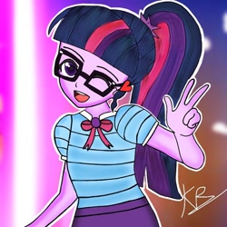 Size: 768x768 | Tagged: safe, alternate version, artist:kriss_thearts_8, sci-twi, twilight sparkle, equestria girls, g4, :d, abstract background, clothes, cute, female, glasses, open mouth, peace sign, signature, smiling, solo, twiabetes