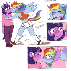 Size: 2500x2500 | Tagged: safe, artist:rainbowsprinklesart, rainbow dash, twilight sparkle, pegasus, unicorn, anthro, g4, accident, accidental kiss, alternate hairstyle, belly button, blushing, blushing profusely, breasts, clothes, comic, cute, delicious flat chest, duo, dust, eyes closed, female, floppy ears, glasses, head scratch, heart eyes, high res, kissing, lesbian, lidded eyes, motion lines, open mouth, pants, passionate, pinned, round glasses, running, running shoes, ship:twidash, shipping, shoes, short shirt, shorts, simple background, socks, sports bra, sports shorts, spread wings, surprised, tail, tomboy, wingding eyes, wings