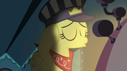 Size: 854x480 | Tagged: safe, screencap, fluttershy, pegasus, pony, g4, mmmystery on the friendship express, disguise, eyes closed, hat, relieved, train, train conductor