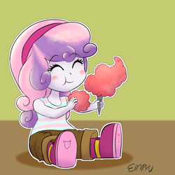 Size: 1000x1000 | Tagged: safe, artist:empyu, sweetie belle, equestria girls, g4, 30 minute art challenge, :t, blushing, boots, cotton candy, cute, daaaaaaaaaaaw, diasweetes, eating, eyes closed, female, shoes, sitting, smiling, solo, weapons-grade cute, younger