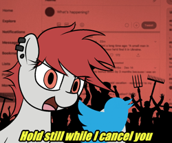 Size: 1200x1000 | Tagged: safe, artist:datte-before-dawn, oc, oc:molly tov, earth pony, pony, angry mob, cancel culture, dialogue, ear piercing, earring, female, jewelry, mare, meta, mob, open mouth, piercing, twitter