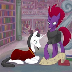 Size: 2048x2048 | Tagged: safe, artist:pfeffaroo, chancellor neighsay, moondancer, tempest shadow, pony, unicorn, book, bookshelf, broken horn, clothes, duo focus, female, horn, library, male, mare, reading, scroll, stallion