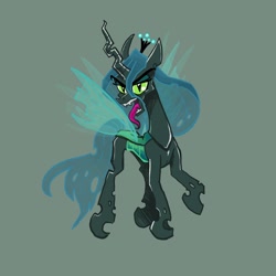 Size: 2048x2048 | Tagged: safe, artist:pfeffaroo, queen chrysalis, changeling, changeling queen, g4, crown, female, floating, green background, high res, jewelry, open mouth, quadrupedal, regalia, simple background, solo, tongue out, zoomorphic