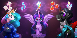 Size: 1844x900 | Tagged: safe, artist:starshinebeast, king sombra, princess celestia, princess luna, queen chrysalis, twilight sparkle, alicorn, pony, g4, corrupted, corrupted twilight sparkle, crown, evil twilight, fanfic, fanfic art, fanfic cover, implied tyrant celestia, jewelry, queen twilight, regalia, sombra eyes, tiara, twilight is anakin, twilight sparkle (alicorn), tyrant sparkle