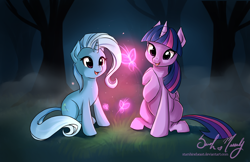 Size: 3042x1972 | Tagged: safe, artist:starshinebeast, trixie, twilight sparkle, alicorn, butterfly, pony, g4, female, forest, lesbian, magic, mare, ship:twixie, shipping, twilight sparkle (alicorn)