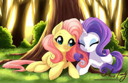 Size: 3045x1970 | Tagged: safe, artist:starshinebeast, fluttershy, rarity, pegasus, pony, unicorn, g4, blushing, cute, duo, duo female, eyes closed, female, forest, lesbian, lying down, mare, scenery, ship:flarity, shipping, signature, smiling, tree