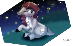 Size: 897x573 | Tagged: safe, artist:naaltive, oc, oc only, oc:cinnamon rose, deer, firefly (insect), insect, butt freckles, eyes closed, freckles, night, raised hoof, simple background, sitting, solo, tongue out, transparent background