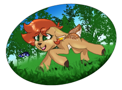Size: 768x564 | Tagged: safe, artist:naaltive, oc, oc only, oc:ambii, butterfly, deer, butt freckles, ear piercing, earring, freckles, grass, jewelry, piercing, running, simple background, solo, transparent background