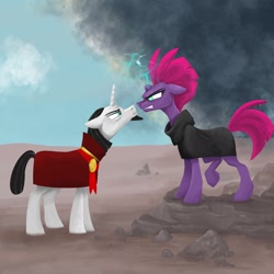 Size: 2048x2048 | Tagged: safe, artist:pfeffaroo, chancellor neighsay, fizzlepop berrytwist, tempest shadow, pony, unicorn, g4, angry, broken horn, clothes, duo, faceoff, female, floppy ears, high res, horn, male, mare, scenery, shipping, stallion, straight, tempest neighsay