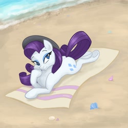 Size: 2048x2048 | Tagged: safe, artist:pfeffaroo, rarity, pony, unicorn, g4, beach, beach towel, female, hat, high res, mare, prone, seashell, solo