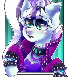 Size: 555x611 | Tagged: safe, alternate version, artist:kooralykrembo, coloratura, earth pony, pony, g4, bust, choker, clothes, countess coloratura, eyelashes, female, makeup, mare, open mouth, signature, solo, spiked choker, spiked wristband, wristband