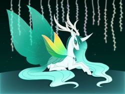 Size: 1024x768 | Tagged: safe, artist:starry-desire, queen chrysalis, changedling, changeling, changeling queen, g4, antlers, female, prone, purified chrysalis, reformed, solo