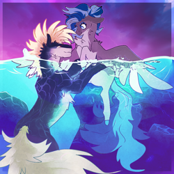 Size: 1000x1000 | Tagged: safe, artist:darkimae, oc, oc only, oc:ashley, oc:onde, earth pony, pegasus, pony, female, happy, holding, love, male, mare, romance, scene, scenery, shipping, smiling, spread wings, stallion, underwater, water, wings