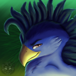 Size: 800x800 | Tagged: safe, artist:sursiq, oc, oc only, classical hippogriff, hippogriff, beak, blue, bust, painted, portrait, smiling, smirk, solo