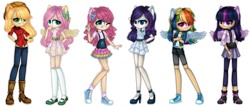 Size: 1280x545 | Tagged: safe, artist:fantarianna, applejack, fluttershy, pinkie pie, rainbow dash, rarity, twilight sparkle, human, g4, applejack's hat, clothes, converse, cowboy hat, denim, dress, eared humanization, goggles, hair ornament, hat, humanized, kneesocks, looking at you, mary janes, shoes, shorts, simple background, skirt, socks, standing, transparent background, victory sign, winged humanization, wings