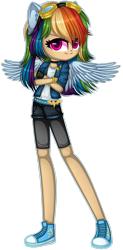 Size: 1280x2593 | Tagged: safe, artist:fantarianna, rainbow dash, human, g4, choker, clothes, converse, crossed arms, eared humanization, female, goggles, humanized, looking at you, shoes, shorts, shorts over shorts, simple background, sneakers, solo, transparent background, winged humanization, wings