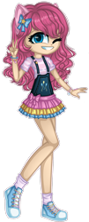 Size: 1280x3154 | Tagged: safe, artist:fantarianna, pinkie pie, human, g4, bracelet, clothes, converse, female, hair ornament, hair ribbon, humanized, jewelry, looking at you, one eye closed, shoes, simple background, skirt, smiling, smiling at you, sneakers, socks, solo, transparent background, victory sign, wink