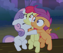 Size: 739x624 | Tagged: safe, screencap, apple bloom, scootaloo, sweetie belle, earth pony, pony, g4, season 3, sleepless in ponyville, adorabloom, cropped, cute, cutealoo, cutie mark crusaders, diasweetes, ears back, female, holding each other, log, scared, scary, sitting, trio