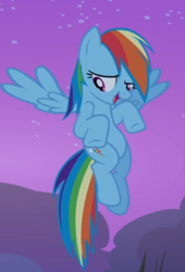 Size: 406x596 | Tagged: safe, screencap, rainbow dash, pony, g4, sleepless in ponyville, cropped, female, flying, looking down, open mouth, solo, spread wings, wings