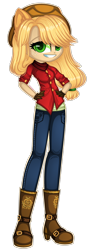 Size: 1280x3520 | Tagged: safe, artist:fantarianna, applejack, human, g4, applejack's hat, boots, clothes, cowboy boots, cowboy hat, denim, eared humanization, female, gloves, hand on hip, hat, humanized, jeans, leather gloves, looking at you, pants, shoes, simple background, solo, standing, transparent background