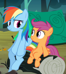 Size: 658x732 | Tagged: safe, screencap, rainbow dash, scootaloo, g4, sleepless in ponyville, belly, cropped, duo, female, log, looking at each other, sitting, smiling