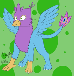 Size: 856x875 | Tagged: safe, artist:dinkieshy, oc, oc only, oc:gyro feather, oc:gyro tech, griffon, beak, feathered wings, griffonized, male, peacock feathers, solo, species swap, tail, talons, wings