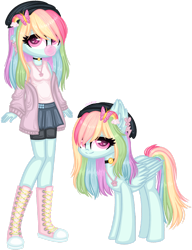 Size: 1280x1664 | Tagged: safe, artist:fantarianna, fluttershy, rainbow dash, human, pegasus, pony, equestria girls, g4, blowing bubblegum, boots, bubblegum, choker, clothes, converse, female, food, fusion, gum, hat, human and pony, jewelry, lesbian, self ponidox, ship:flutterdash, shipping, shoes, simple background, skirt, transparent background