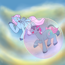 Size: 2000x2000 | Tagged: safe, artist:ponykittenboi, fizzy, wind whistler, pegasus, pony, unicorn, g1, bow, bubble, bubble magic, cloud, flying, in bubble, levitation, magic, self-levitation, surprised, tail, tail bow, telekinesis, wrong cutie mark