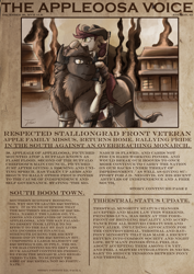 Size: 2480x3508 | Tagged: safe, artist:jamescorck, oc, oc only, oc:appleale, oc:flashflood, bison, buffalo, earth pony, pony, appleloosa, cavalry, cavalry hat, cowboy hat, cowgirl, female, gun, hat, headline, high res, implied bat ponies, implied princess luna, implied thestrals, mare, mount, newspaper, red hair, red mane, red tail, tail, tommy gun, western, wild west