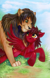 Size: 565x872 | Tagged: safe, artist:imanika, oc, oc only, big cat, lion, pegasus, pony, commission, cutie mark, female, furry, mare, traditional art, wings