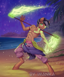 Size: 717x861 | Tagged: safe, alternate version, artist:imanika, oc, oc only, earth pony, anthro, unguligrade anthro, beach, clothes, commission, digital art, fire, glowing, looking at you, magic, male, ocean, pants, partial nudity, solo, topless, tree, ych result