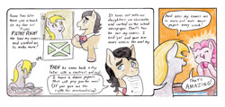 Size: 990x473 | Tagged: safe, artist:lost marbles, derpy hooves, filthy rich, pinkie pie, earth pony, pegasus, pony, comic:derpy - stripper extraordinaire, g4, colored pencil drawing, comic, comic strip, dialogue, hooves together, mouth hold, mouth writing, pencil, traditional art