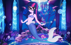 Size: 3776x2370 | Tagged: safe, artist:invisibleink, sci-twi, twilight sparkle, mermaid, equestria girls, g4, bubble, female, glasses, high res, mermaid sci-twi, mermaid tail, mermaidized, princess melody, seaquestria, seashell bra, smiling, solo, species swap, tail, the little mermaid 2: return to the sea, throne, underwater