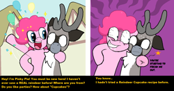 Size: 1268x662 | Tagged: safe, artist:droll3, pinkie pie, oc, oc:droll, deer, earth pony, pony, g4, bloodshot eyes, comic, creepy, cupcake, digital art, drool, food, hilarious in hindsight, implied cupcakes, oh dear, reindeer pony, smiling, stare, text