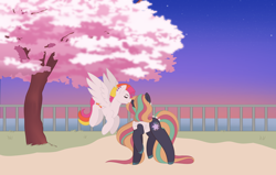 Size: 8000x5101 | Tagged: safe, artist:calibykitty, oc, oc:cosmo couture, oc:sunrise surprise, earth pony, pegasus, pony, boop, cherry blossoms, flying, long hair, long mane, long tail, mohawk, multicolored hair, multicolored mane, multicolored tail, plants, smiling, stars, sunset, tree