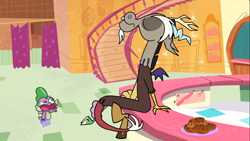 Size: 1366x768 | Tagged: safe, screencap, discord, spike, draconequus, dragon, discord's peak, g4.5, my little pony: pony life, cookie, duo, duo male, eyes closed, food, frown, male, open mouth, plate, plate of cookies, staircase, stairs, winged spike, wings, youtube link