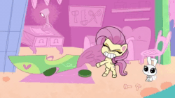 Size: 640x360 | Tagged: safe, screencap, angel bunny, fluttershy, pegasus, pony, rabbit, g4, g4.5, my little pony: pony life, the fast and the furriest, angel bunny is not amused, animal, animated, car, car jack, duo, pun, sound, visual pun, webm