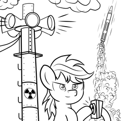 Size: 2000x2000 | Tagged: safe, artist:pizzamovies, oc, oc only, oc:pizzamovies, earth pony, pony, big red button, cloud, high res, male, missile, monochrome, nuclear weapon, simple background, siren (object), smiling, smirk, solo, stallion, weapon, white background