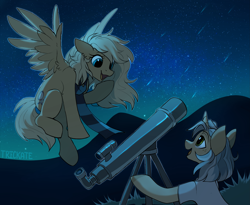 Size: 3657x3000 | Tagged: safe, artist:trickate, oc, oc only, oc:mirta whoowlms, oc:trickate, pegasus, pony, unicorn, clothes, duo, female, flying, high res, looking at each other, mare, night, scarf, shirt, stargazing, stars, t-shirt, telescope