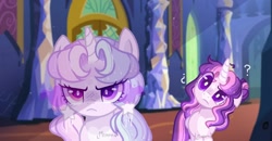 Size: 1280x668 | Tagged: dead source, safe, artist:moon-rose-rosie, twilight sparkle, oc, oc:celestial moon, alicorn, pony, g4, alternate design, annoyed, coat markings, colored horn, confused, duo, ears back, facial markings, female, hair bun, head tilt, heart mark, heterochromia, horn, lightly watermarked, magical lesbian spawn, mare, mealy mouth (coat marking), mother and child, mother and daughter, offspring, pale belly, parent:rainbow dash, parent:twilight sparkle, parents:twidash, question mark, sombra eyes, sparkly mane, star (coat marking), twilight sparkle (alicorn), twilight's castle, watermark